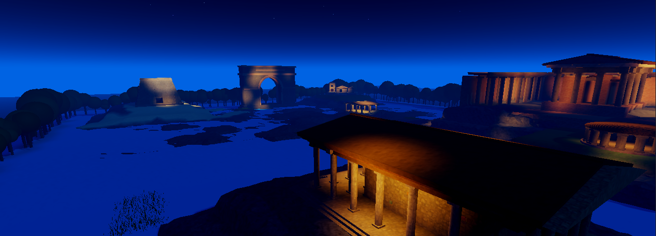 WorldLoop generated architectural world illuminated at night in Roblox Studio